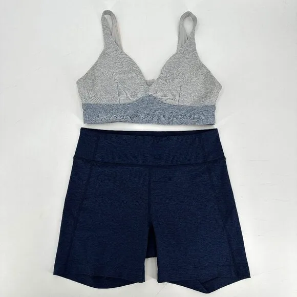 Outdoor Voices TechSweat Flex Blue Bike Shorts Plunge Gray Bra Medium Gym Set