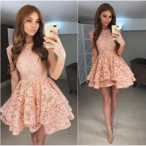 Pink Full Lace Applique Short Sleeve Homecoming Dresses