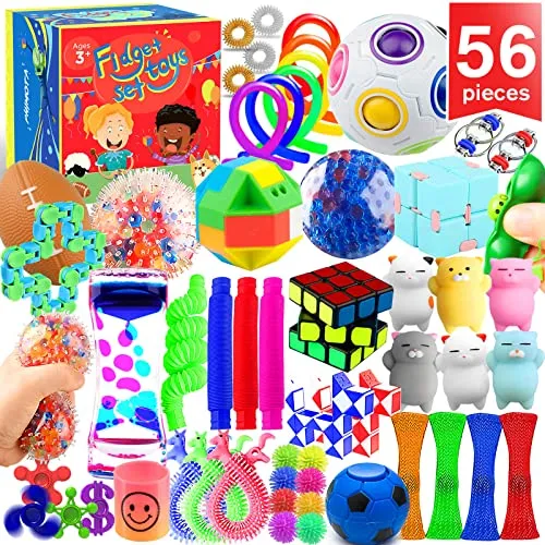 PP PHIMOTA Sensory Toys Set 56 Pack, Stress Relief Fidget Hand Toys for Adults and Kids, Sensory Fidget and Squeeze Widget for Relaxing Therapy - Perfect for ADHD Add Anxiety Autism