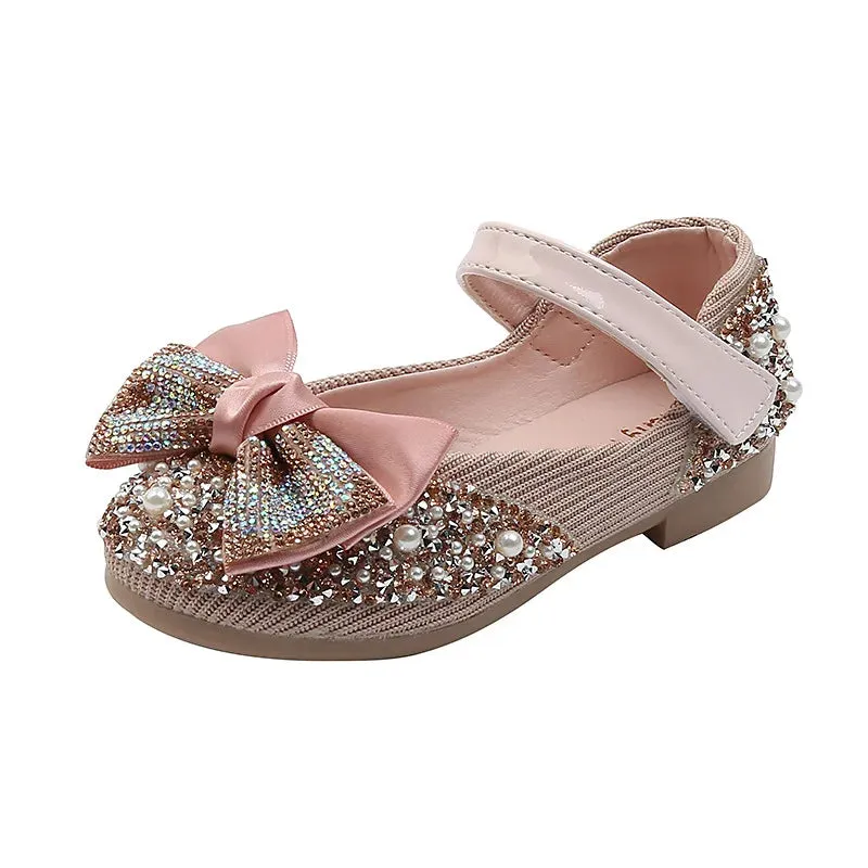 Princess Rhinestone Bow Leather Girls Party Shoes