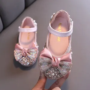 Princess Rhinestone Bow Leather Girls Party Shoes
