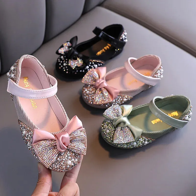 Princess Rhinestone Bow Leather Girls Party Shoes