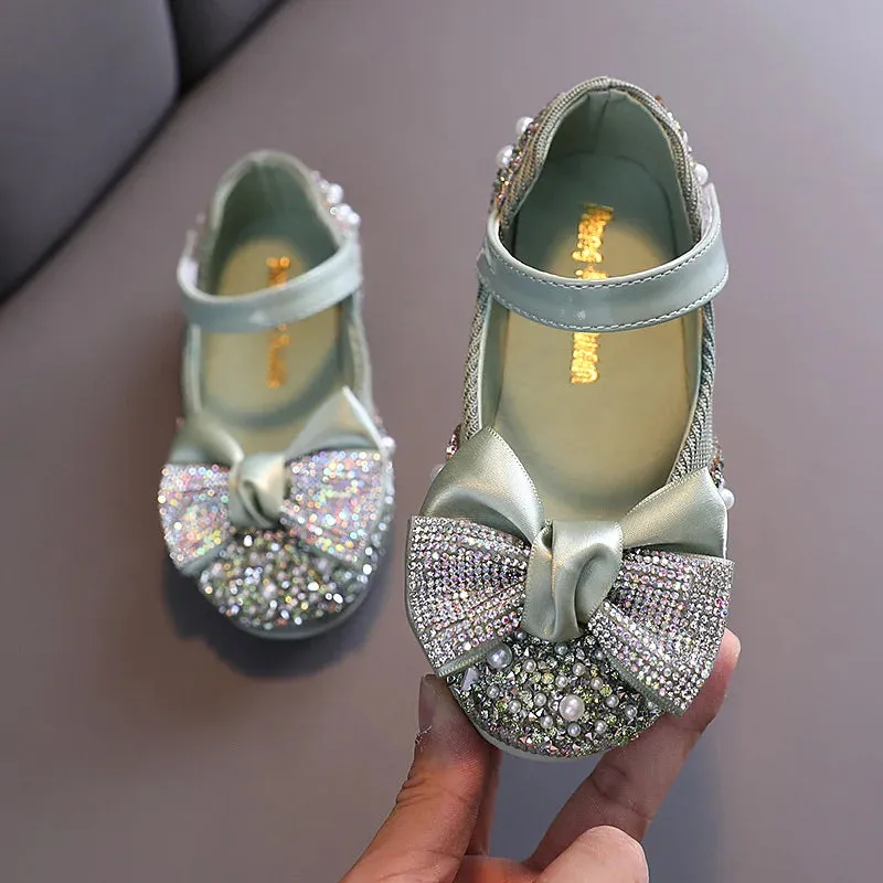 Princess Rhinestone Bow Leather Girls Party Shoes