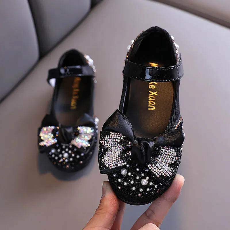 Princess Rhinestone Bow Leather Girls Party Shoes