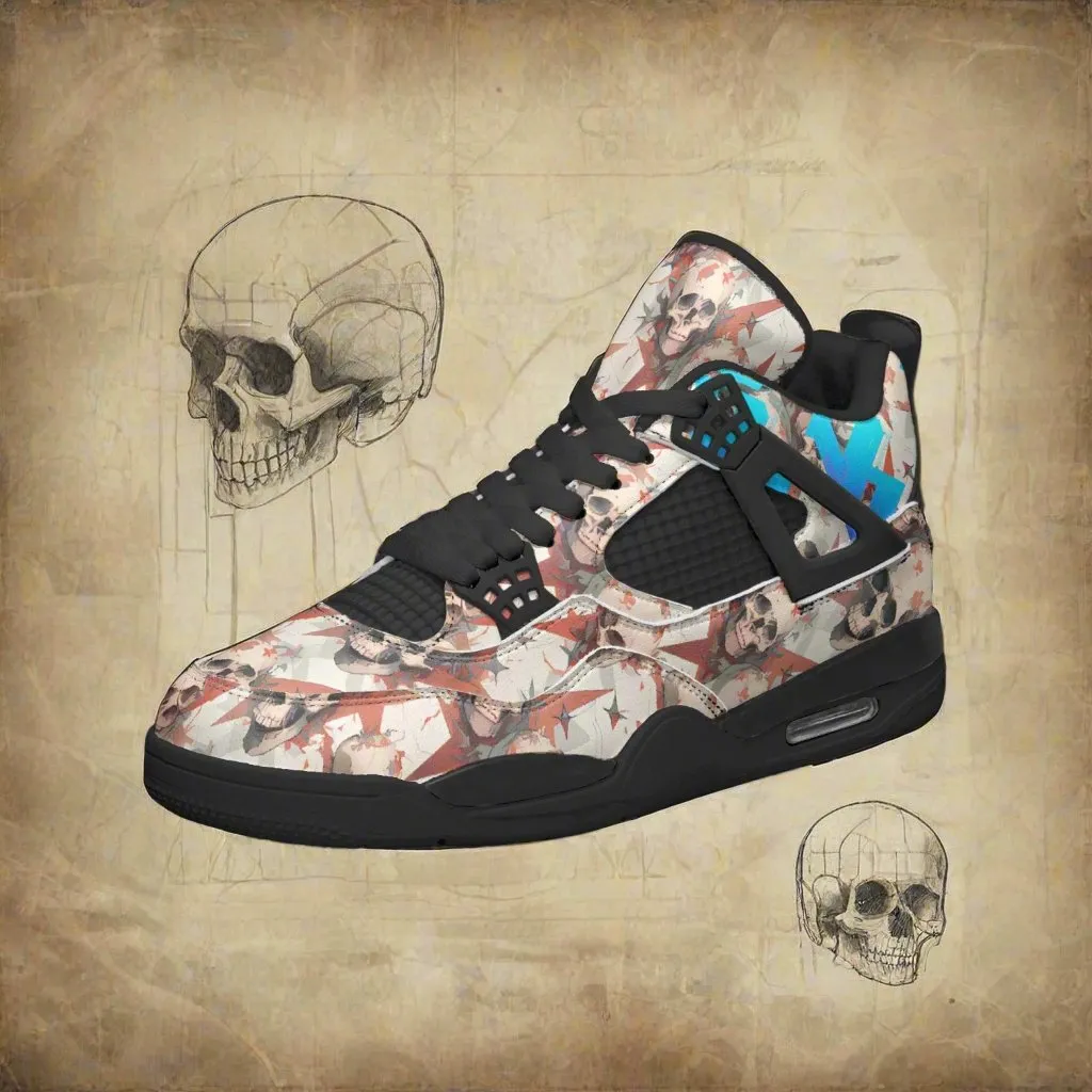 Red Stars, Ivory Skulls -  Basketball Sneakers -Black Sole
