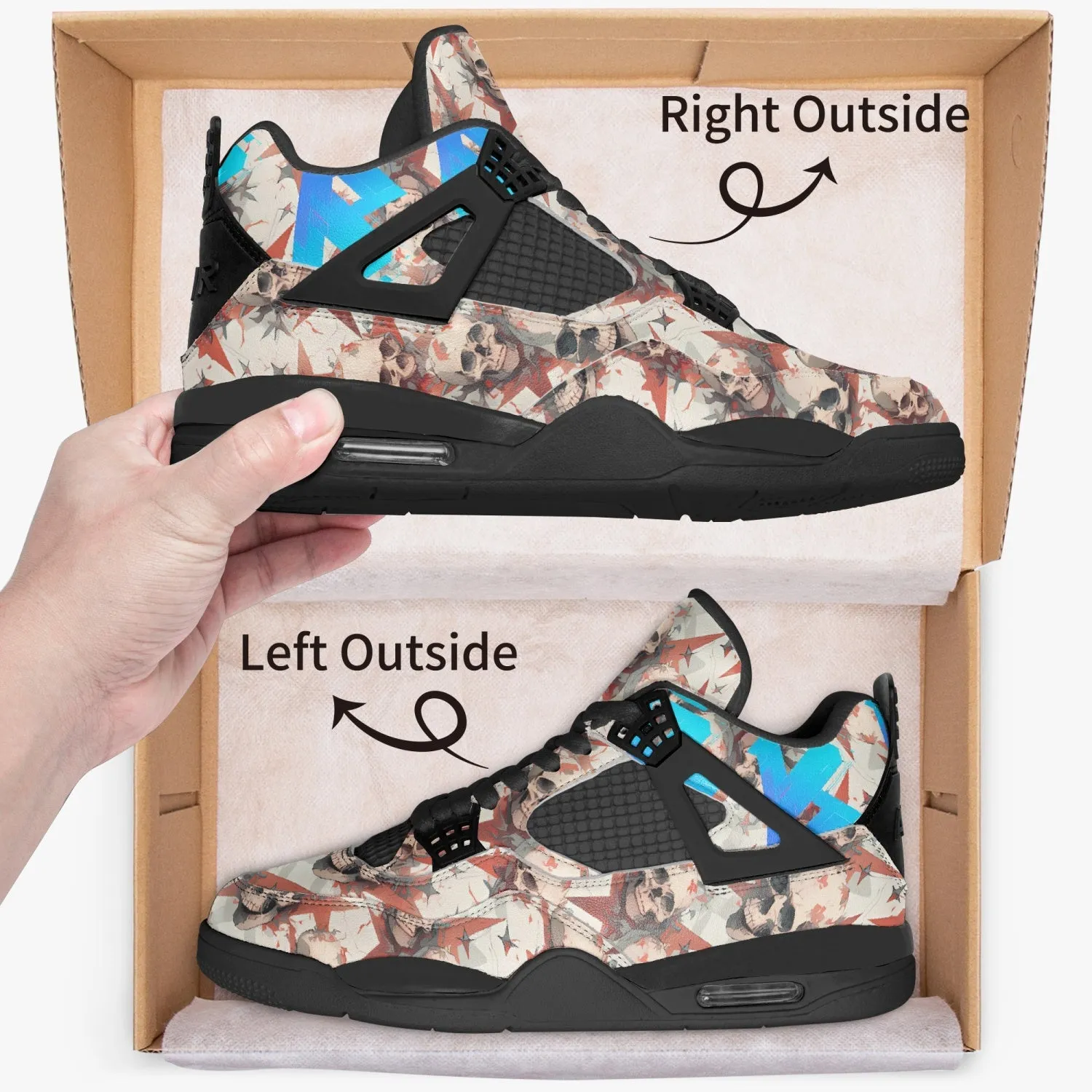 Red Stars, Ivory Skulls -  Basketball Sneakers -Black Sole