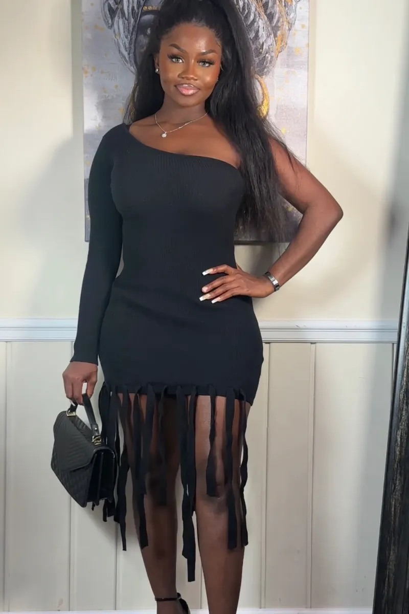 Ribbed Knit Fringe Dress-Black