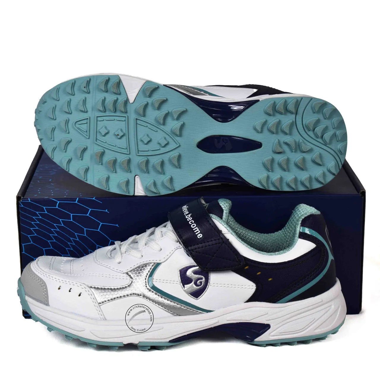 SG Armour Rubber Cricket Shoes White Navy Teal Size