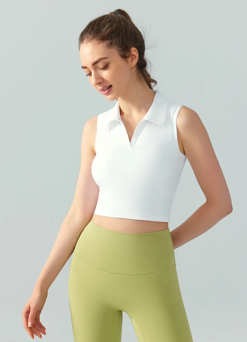 Sleeveless Golf Top for Women – Cropped Polo Collar Tennis Shirt with Built-in Bra