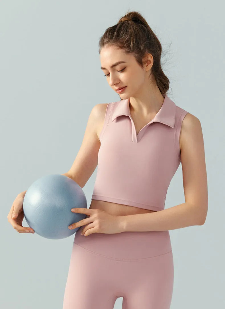 Sleeveless Golf Top for Women – Cropped Polo Collar Tennis Shirt with Built-in Bra