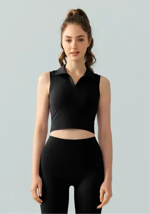 Sleeveless Golf Top for Women – Cropped Polo Collar Tennis Shirt with Built-in Bra