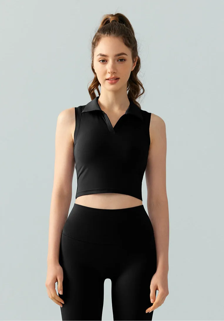 Sleeveless Golf Top for Women – Cropped Polo Collar Tennis Shirt with Built-in Bra