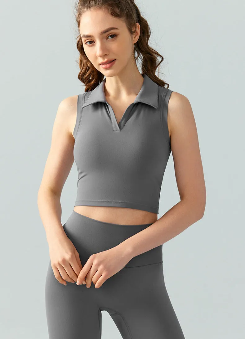Sleeveless Golf Top for Women – Cropped Polo Collar Tennis Shirt with Built-in Bra