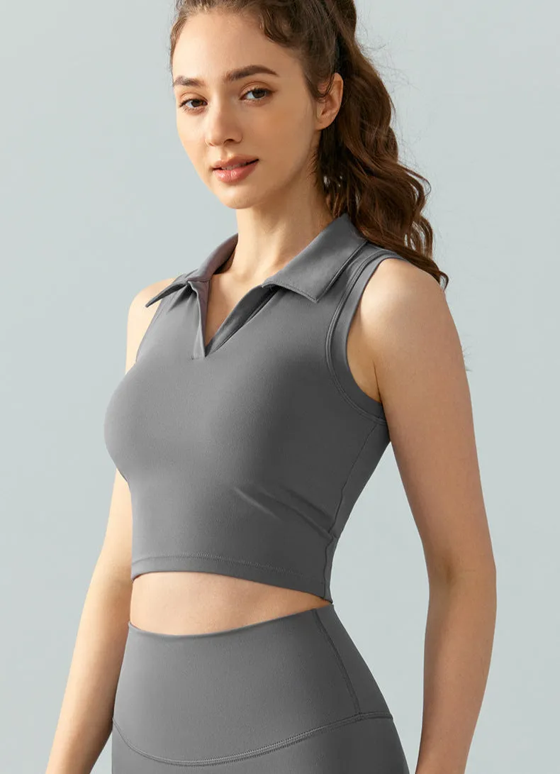 Sleeveless Golf Top for Women – Cropped Polo Collar Tennis Shirt with Built-in Bra