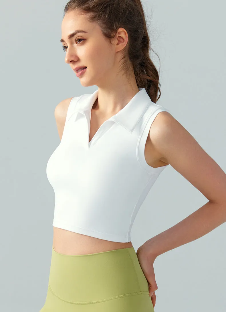 Sleeveless Golf Top for Women – Cropped Polo Collar Tennis Shirt with Built-in Bra
