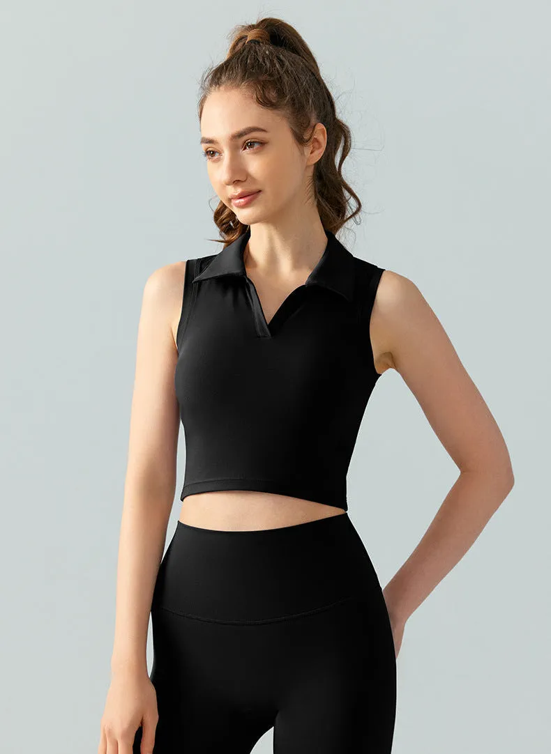 Sleeveless Golf Top for Women – Cropped Polo Collar Tennis Shirt with Built-in Bra