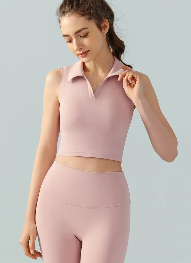 Sleeveless Golf Top for Women – Cropped Polo Collar Tennis Shirt with Built-in Bra