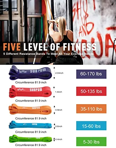 SUNPOW Pull Up Assistance Bands - Set of 5 Resistance Heavy Duty Workout Exercise Crossfit Stretch Fitness Bands Assist Set for Body, Instruction Guide and Carry Bag Included