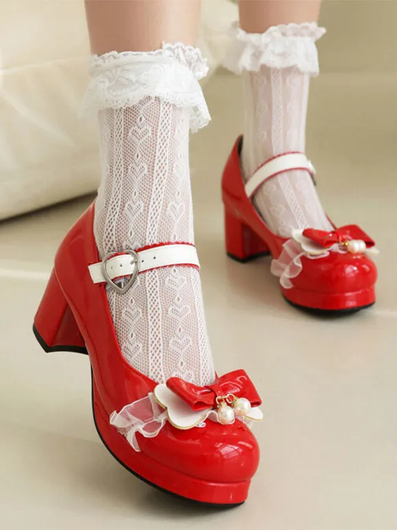Sweet Lolita Footwear Pink Bows PU Leather Chunky Heel Lolita Pumps