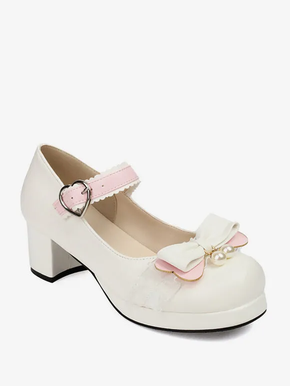 Sweet Lolita Footwear Pink Bows PU Leather Chunky Heel Lolita Pumps