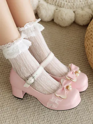 Sweet Lolita Footwear Pink Bows PU Leather Chunky Heel Lolita Pumps