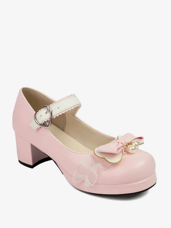 Sweet Lolita Footwear Pink Bows PU Leather Chunky Heel Lolita Pumps