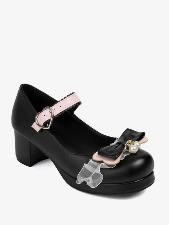 Sweet Lolita Footwear Pink Bows PU Leather Chunky Heel Lolita Pumps