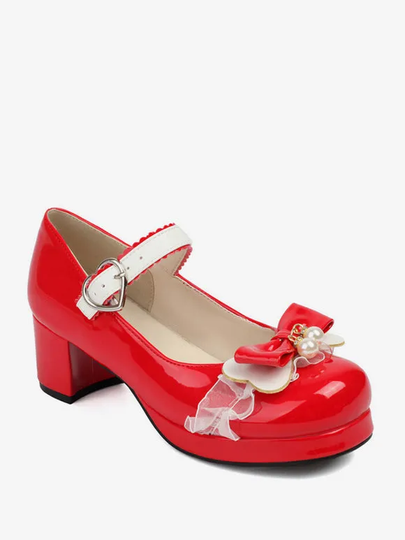 Sweet Lolita Footwear Pink Bows PU Leather Chunky Heel Lolita Pumps