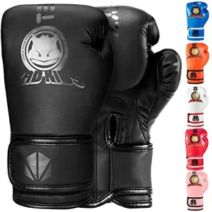 TEKXYZ Bad Kids Series Boxing Gloves 4 OZ, Black - Synthetic Leather Kids Boxing Training Gloves with Vivid Color for Boys and Girls Age 3 to 12 Years Old
