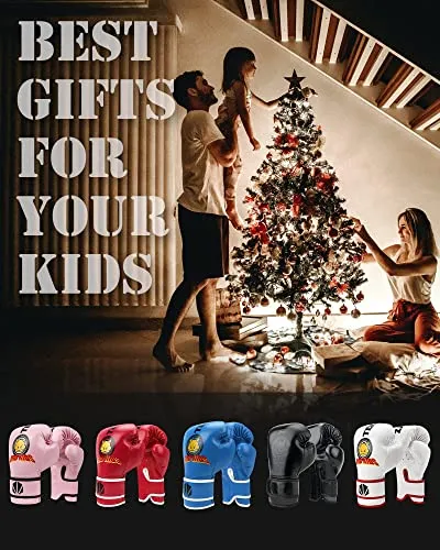 TEKXYZ Bad Kids Series Boxing Gloves 4 OZ, Black - Synthetic Leather Kids Boxing Training Gloves with Vivid Color for Boys and Girls Age 3 to 12 Years Old